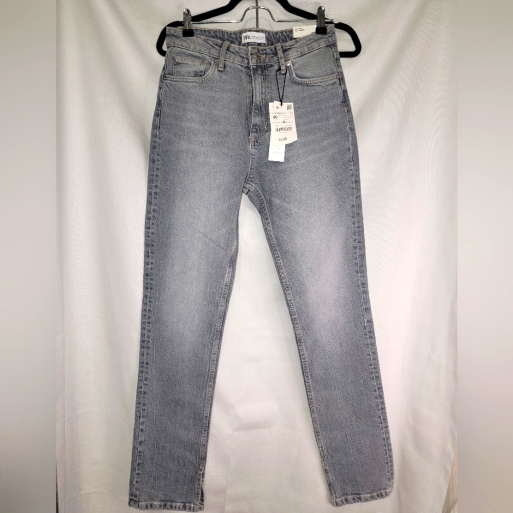 ZARA Grey Wash Straight Leg Ankle Slit Jeans